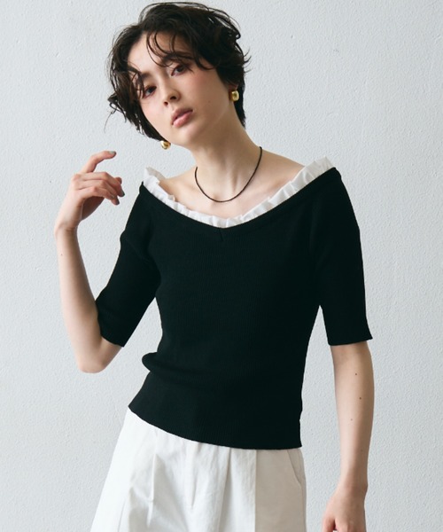 Trish(トリッシュ)の「フリル付きオフショルプルオーバー(Tシャツ/カットソー・レディース・ブラック/グレー・MEDIUM)」の3枚目の写真