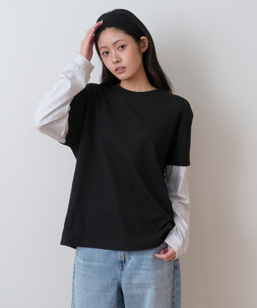 SAYUU(サユ)の「ピグメントワッフルレイヤードTシャツブラック(Tシャツ/カットソー・レディース・ブラック・FREE)」の2枚目の写真