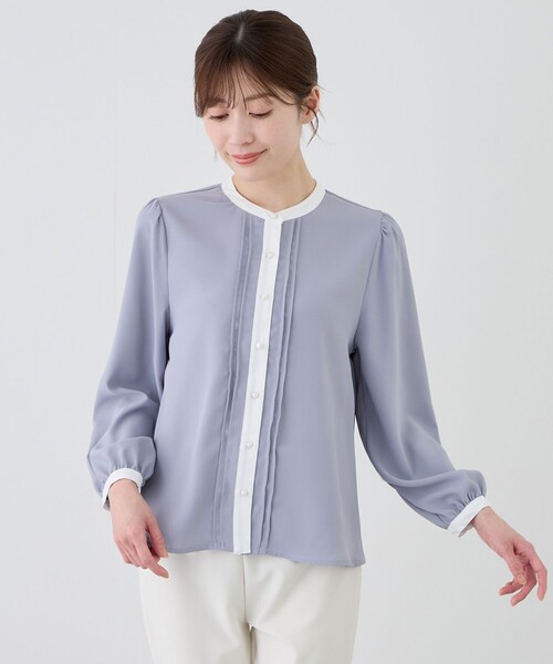 Jayro(ジャイロ)の「配色ノーカラーブラウス(シャツ/ブラウス・レディース・ホワイト/ホワイト系その他/ブラック系その他/グレー/ブルー・M)」の1枚目の写真