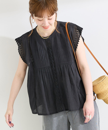 手洗い可 / ピンタックレースノースリブラウス
