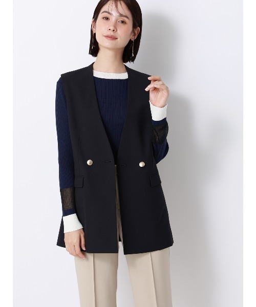 SUIT SQUARE(スーツスクエア)の「CHANTOWA/配色リブニット/長袖/ハンドウォッシュ/ドライレーヨン/無地(ニット/セーター・レディース・ピンク/ホワイト/ネイビー・F)」の21枚目の写真