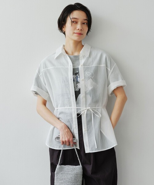 green label relaxing（グリーンレーベルリラクシング）の「［size SHORTあり］リボンハイウエストシャツ（シャツ/ブラウス・レディース・ホワイト/モカ/ライトブルー/ライトピンク/ブラック・SHORT/FREE）」の2枚目の写真