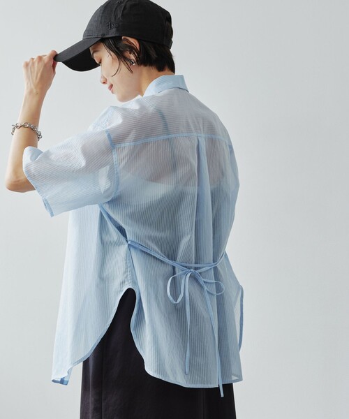 green label relaxing（グリーンレーベルリラクシング）の「［size SHORTあり］リボンハイウエストシャツ（シャツ/ブラウス・レディース・ホワイト/モカ/ライトブルー/ライトピンク/ブラック・SHORT/FREE）」の4枚目の写真