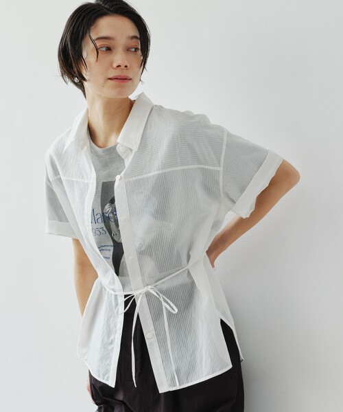 green label relaxing（グリーンレーベルリラクシング）の「［size SHORTあり］リボンハイウエストシャツ（シャツ/ブラウス・レディース・ホワイト/モカ/ライトブルー/ライトピンク/ブラック・SHORT/FREE）」の6枚目の写真