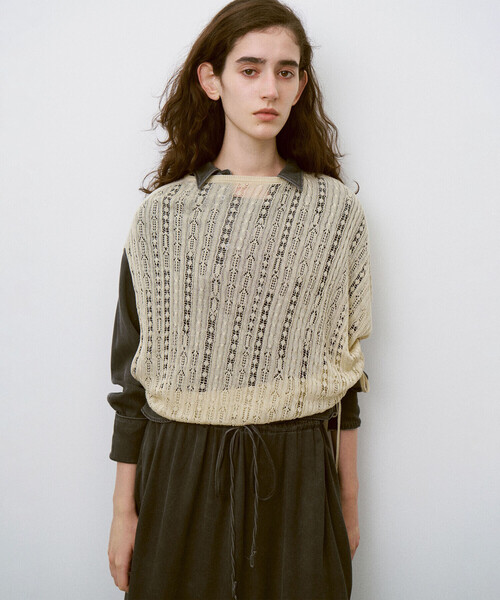 18aw アンフィル unfil キャメルセーター グリーン サイズ4 UNFIL | 2WAY ケーブルニットトップス WOMEN（ニット/セーター