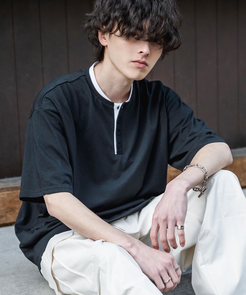 Rocky Monroe(ロッキーモンロー)の「オーバーサイズ レイヤードヘンリーネック半袖Tシャツ(Tシャツ/カットソー・メンズ・ピンク/ネイビー/チャコール/ブラック/ホワイト・L/M/XL)」の14枚目の写真