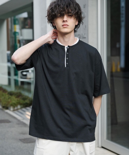 Rocky Monroe(ロッキーモンロー)の「オーバーサイズ レイヤードヘンリーネック半袖Tシャツ(Tシャツ/カットソー・メンズ・ピンク/ネイビー/チャコール/ブラック/ホワイト・L/M/XL)」の15枚目の写真