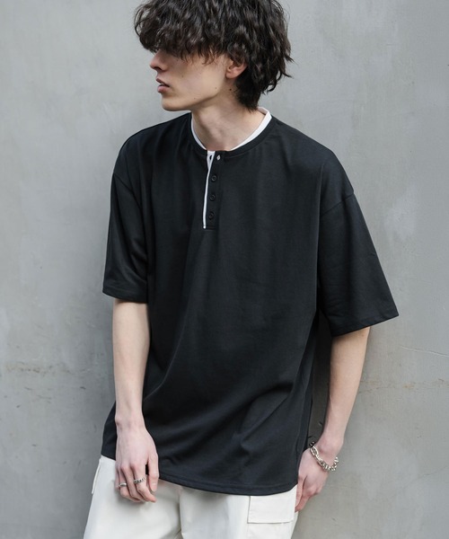 Rocky Monroe(ロッキーモンロー)の「オーバーサイズ レイヤードヘンリーネック半袖Tシャツ(Tシャツ/カットソー・メンズ・ピンク/ネイビー/チャコール/ブラック/ホワイト・L/M/XL)」の16枚目の写真