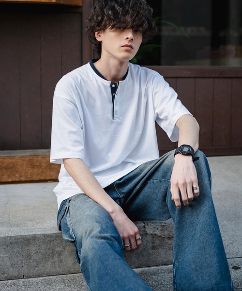 Rocky Monroe(ロッキーモンロー)の「オーバーサイズ レイヤードヘンリーネック半袖Tシャツ(Tシャツ/カットソー・メンズ・ピンク/ネイビー/チャコール/ブラック/ホワイト・L/M/XL)」の12枚目の写真