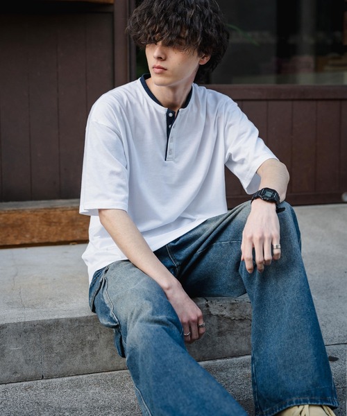 Rocky Monroe(ロッキーモンロー)の「オーバーサイズ レイヤードヘンリーネック半袖Tシャツ(Tシャツ/カットソー・メンズ・ピンク/ネイビー/チャコール/ブラック/ホワイト・L/M/XL)」の13枚目の写真