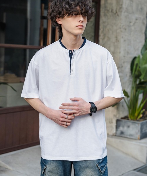 Rocky Monroe(ロッキーモンロー)の「オーバーサイズ レイヤードヘンリーネック半袖Tシャツ(Tシャツ/カットソー・メンズ・ピンク/ネイビー/チャコール/ブラック/ホワイト・L/M/XL)」の7枚目の写真