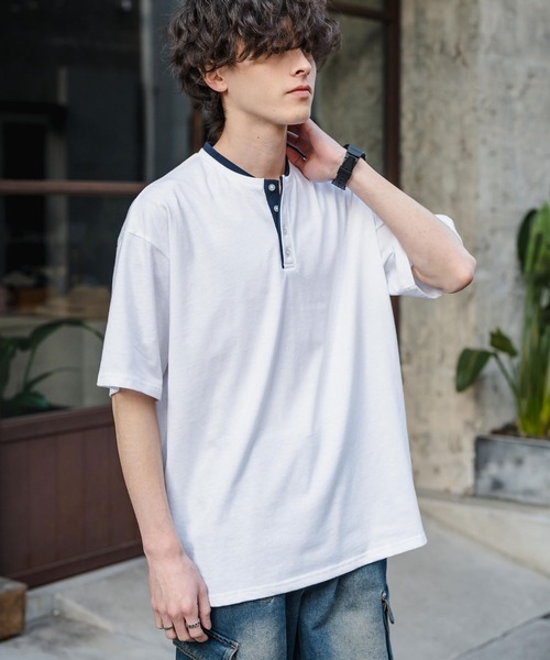 Rocky Monroe(ロッキーモンロー)の「オーバーサイズ レイヤードヘンリーネック半袖Tシャツ(Tシャツ/カットソー・メンズ・ピンク/ネイビー/チャコール/ブラック/ホワイト・L/M/XL)」の8枚目の写真