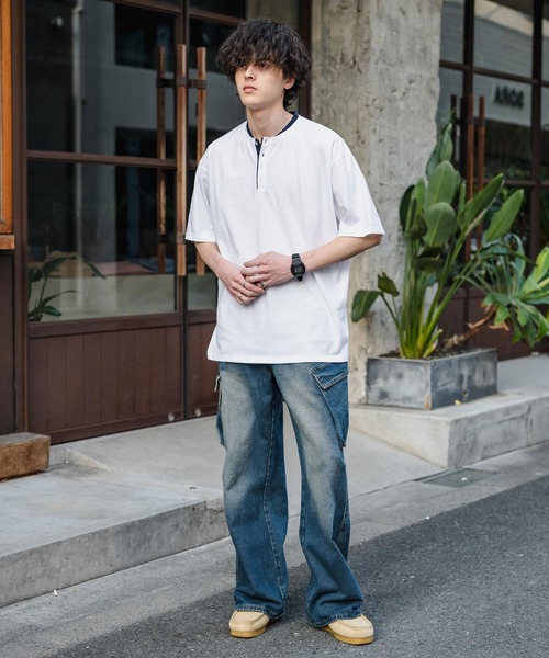 Rocky Monroe(ロッキーモンロー)の「オーバーサイズ レイヤードヘンリーネック半袖Tシャツ(Tシャツ/カットソー・メンズ・ピンク/ネイビー/チャコール/ブラック/ホワイト・L/M/XL)」の10枚目の写真