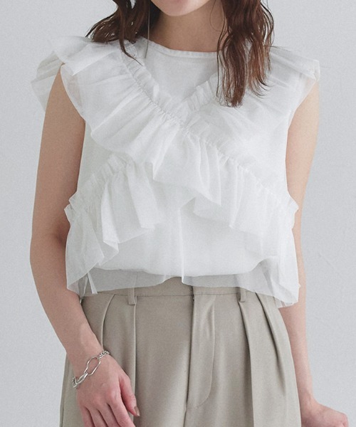 ECLAM（クラム）の「[ECLAM]【SET】2wayチュールフリルベスト×ノースリーブカットソー（Tシャツ/カットソー・レディース・オフホワイト/ブラック系その他2・L/M）」の10枚目の写真