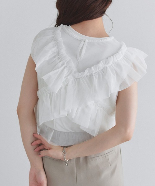 ECLAM（クラム）の「[ECLAM]【SET】2wayチュールフリルベスト×ノースリーブカットソー（Tシャツ/カットソー・レディース・オフホワイト/ブラック系その他2・L/M）」の12枚目の写真