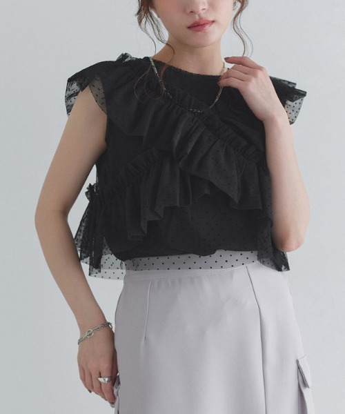 ECLAM（クラム）の「[ECLAM]【SET】2wayチュールフリルベスト×ノースリーブカットソー（Tシャツ/カットソー・レディース・オフホワイト/ブラック系その他2・L/M）」の3枚目の写真