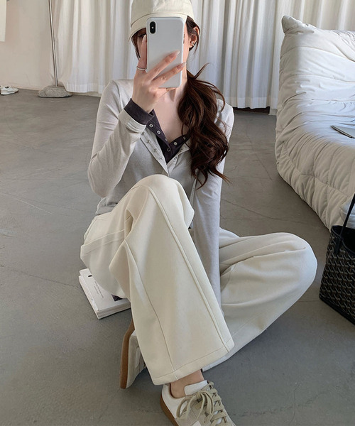 DAY CLOSET(デイ クローゼット)の「【ゴム&紐調節可】程よくルーズでパネルラインできれいめ仕上げ。カーブシルエットカーブパンツ レディース(スウェットパンツ・レディース・グレー/アイボリー/ブラック/ピンク・M/XL/L)」の7枚目の写真