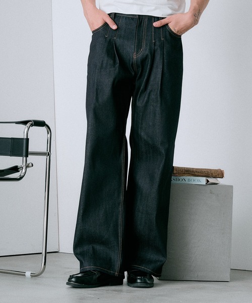 セール】2 tuck selveage straight denim pants / ツータック