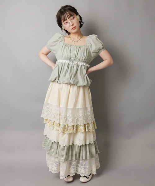 SPINNS(スピンズ)の「レトロな雰囲気が可愛い♪異素材ドッキングロングスカート(スカート・レディース・ベージュ/ブルー/グリーン・ONESIZE)」の18枚目の写真