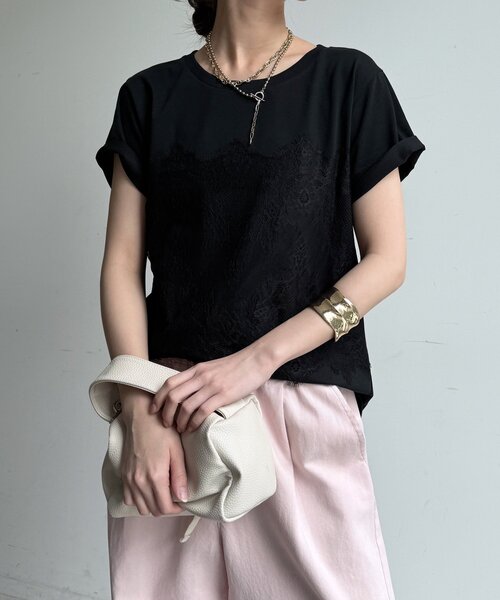 DouDou（ドゥドゥ）の「レースドッキングTEE（Tシャツ/カットソー・レディース・オフホワイト/チャコールグレー/ブラック・FREE）」の7枚目の写真