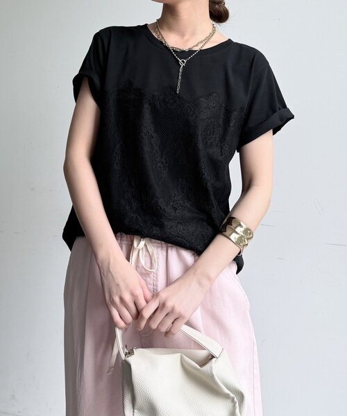 DouDou（ドゥドゥ）の「レースドッキングTEE（Tシャツ/カットソー・レディース・オフホワイト/チャコールグレー/ブラック・FREE）」の8枚目の写真
