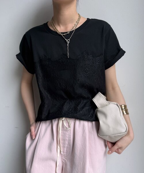 DouDou（ドゥドゥ）の「レースドッキングTEE（Tシャツ/カットソー・レディース・オフホワイト/チャコールグレー/ブラック・FREE）」の9枚目の写真