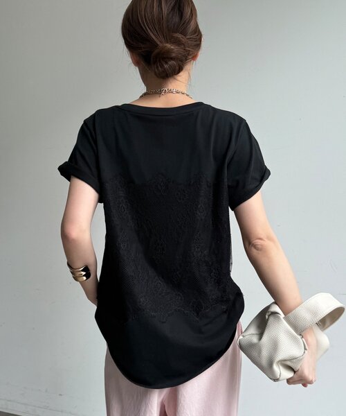 DouDou（ドゥドゥ）の「レースドッキングTEE（Tシャツ/カットソー・レディース・オフホワイト/チャコールグレー/ブラック・FREE）」の10枚目の写真