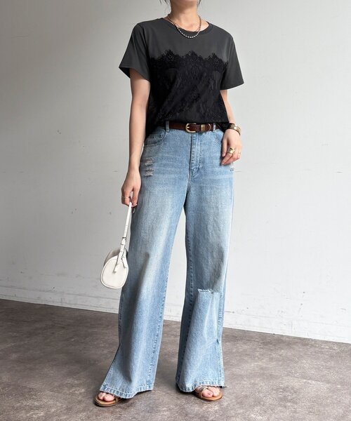 DouDou（ドゥドゥ）の「レースドッキングTEE（Tシャツ/カットソー・レディース・オフホワイト/チャコールグレー/ブラック・FREE）」の11枚目の写真