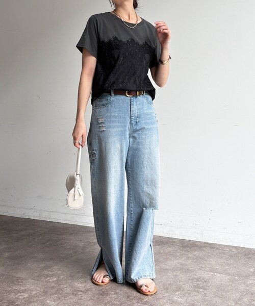 DouDou（ドゥドゥ）の「レースドッキングTEE（Tシャツ/カットソー・レディース・オフホワイト/チャコールグレー/ブラック・FREE）」の12枚目の写真