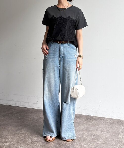 DouDou（ドゥドゥ）の「レースドッキングTEE（Tシャツ/カットソー・レディース・オフホワイト/チャコールグレー/ブラック・FREE）」の14枚目の写真