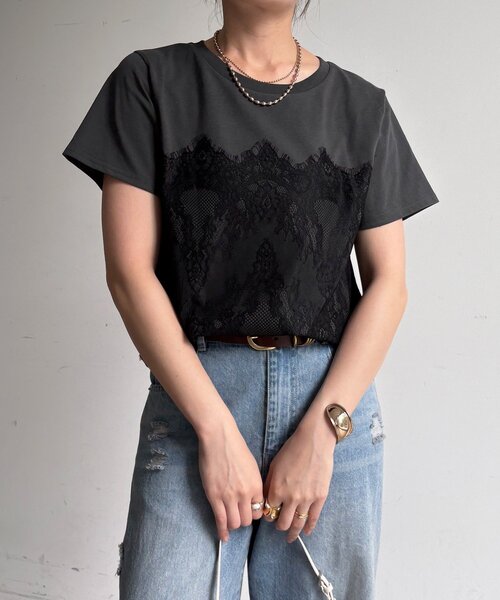 DouDou（ドゥドゥ）の「レースドッキングTEE（Tシャツ/カットソー・レディース・オフホワイト/チャコールグレー/ブラック・FREE）」の16枚目の写真