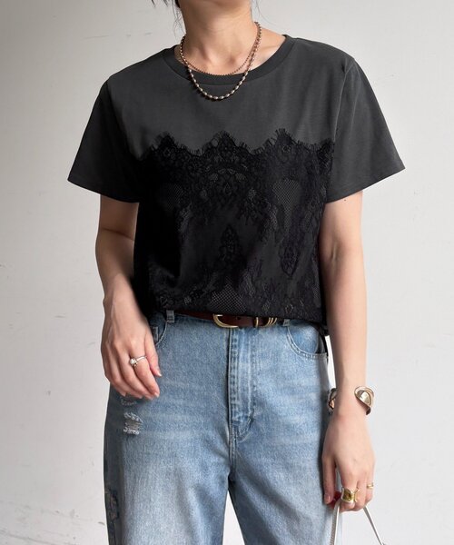 DouDou（ドゥドゥ）の「レースドッキングTEE（Tシャツ/カットソー・レディース・オフホワイト/チャコールグレー/ブラック・FREE）」の17枚目の写真