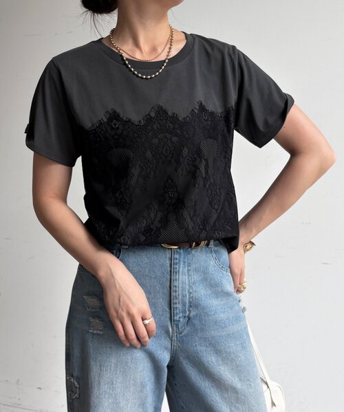 DouDou（ドゥドゥ）の「レースドッキングTEE（Tシャツ/カットソー・レディース・オフホワイト/チャコールグレー/ブラック・FREE）」の18枚目の写真