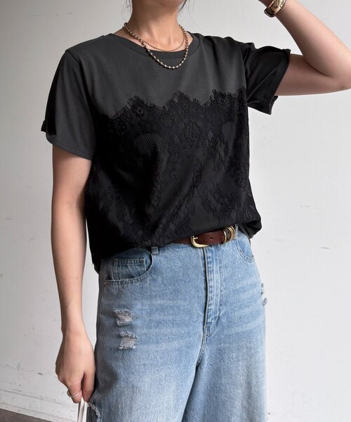 DouDou（ドゥドゥ）の「レースドッキングTEE（Tシャツ/カットソー・レディース・オフホワイト/チャコールグレー/ブラック・FREE）」の19枚目の写真