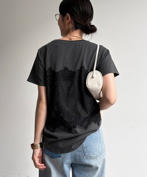 DouDou（ドゥドゥ）の「レースドッキングTEE（Tシャツ/カットソー・レディース・オフホワイト/チャコールグレー/ブラック・FREE）」の20枚目の写真
