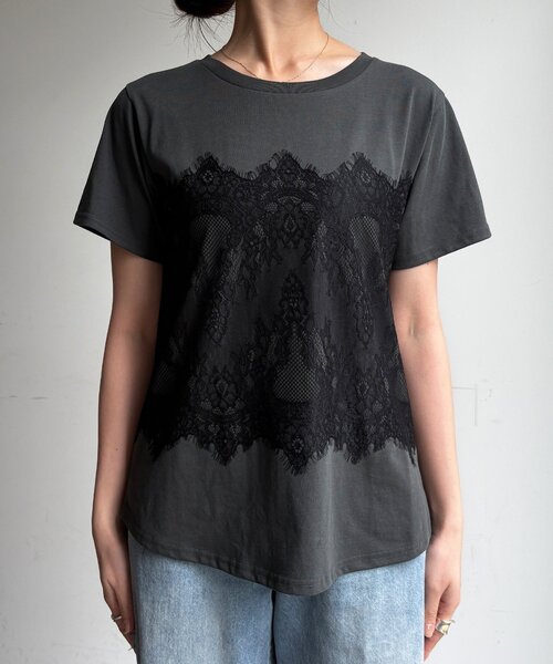 DouDou（ドゥドゥ）の「レースドッキングTEE（Tシャツ/カットソー・レディース・オフホワイト/チャコールグレー/ブラック・FREE）」の21枚目の写真