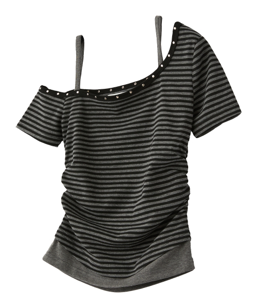 RAIMENT(レイメント)の「(W) ウィメンズ アンバランス ストラップ レイヤード オフショルダー ストライプ_ブラック(Tシャツ/カットソー・レディース・その他・WS/WM)」の2枚目の写真