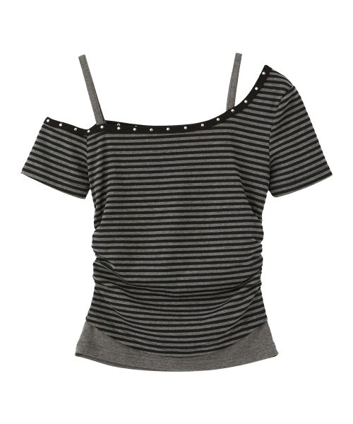 RAIMENT(レイメント)の「(W) ウィメンズ アンバランス ストラップ レイヤード オフショルダー ストライプ_ブラック(Tシャツ/カットソー・レディース・その他・WS/WM)」の3枚目の写真