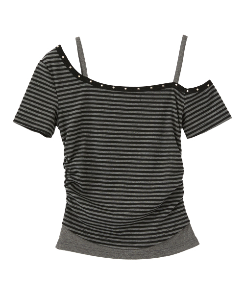 RAIMENT(レイメント)の「(W) ウィメンズ アンバランス ストラップ レイヤード オフショルダー ストライプ_ブラック(Tシャツ/カットソー・レディース・その他・WS/WM)」の4枚目の写真