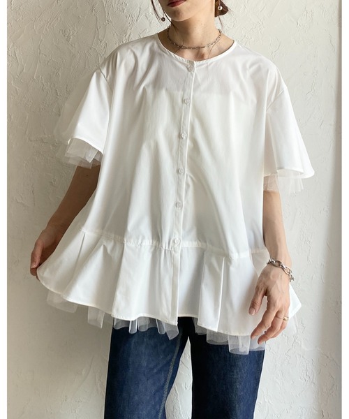 She's Closet(シーズクローゼット)の「半袖 タック チュールレイヤード ペプラム フレアブラウス(シャツ/ブラウス・レディース・ブラック/ホワイト・FREE)」の16枚目の写真