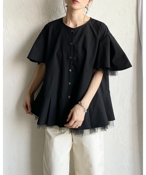 She's Closet(シーズクローゼット)の「半袖 タック チュールレイヤード ペプラム フレアブラウス(シャツ/ブラウス・レディース・ブラック/ホワイト・FREE)」の18枚目の写真