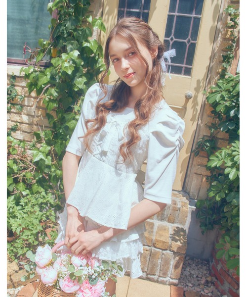 mellfy memory(メルフィーメモリー)の「Milky gingham puff tops(Tシャツ/カットソー・レディース・ピンク/ブルー/ホワイト・FREE)」の2枚目の写真