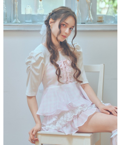 mellfy memory(メルフィーメモリー)の「Milky gingham puff tops(Tシャツ/カットソー・レディース・ピンク/ブルー/ホワイト・FREE)」の3枚目の写真