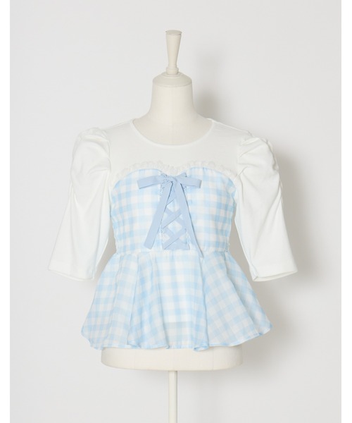 mellfy memory(メルフィーメモリー)の「Milky gingham puff tops(Tシャツ/カットソー・レディース・ピンク/ブルー/ホワイト・FREE)」の4枚目の写真