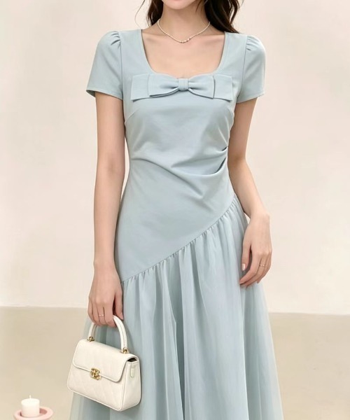 LUCPY(ラクピー)の「リボンチュール切替フレアワンピース(ワンピース・レディース・ライトブルー・MEDIUM/X-LARGE/LARGE)」の1枚目の写真