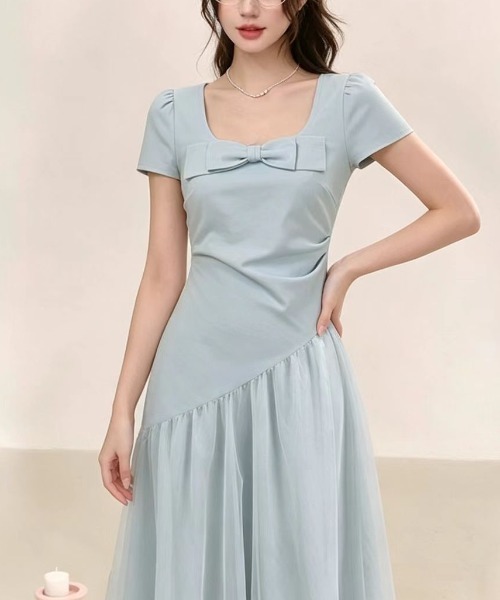 LUCPY(ラクピー)の「リボンチュール切替フレアワンピース(ワンピース・レディース・ライトブルー・MEDIUM/X-LARGE/LARGE)」の3枚目の写真