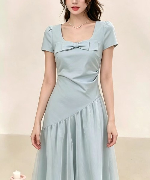LUCPY(ラクピー)の「リボンチュール切替フレアワンピース(ワンピース・レディース・ライトブルー・MEDIUM/X-LARGE/LARGE)」の5枚目の写真