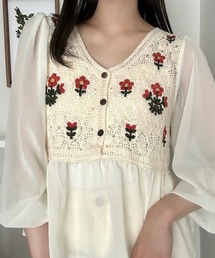 花柄切り替えシアートップス