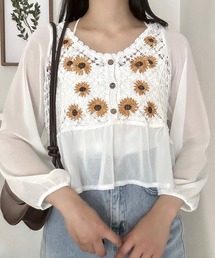花柄切り替えシアートップス