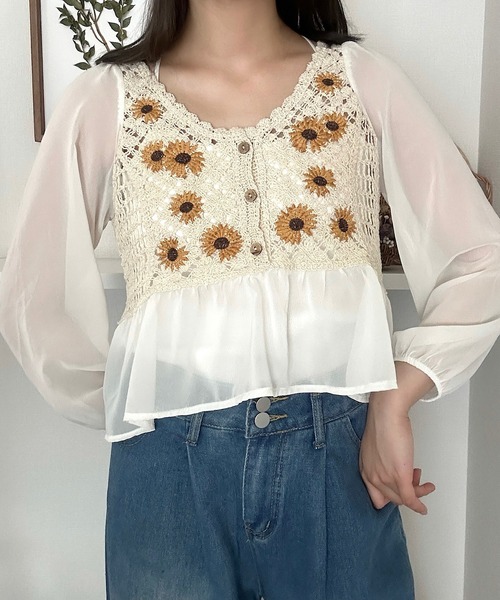 Cham.(チャム)の「花柄切り替えシアートップス(シャツ/ブラウス・レディース・ホワイト/ブルー/ピンク/イエロー/レッド/ベージュ・FREE)」の16枚目の写真